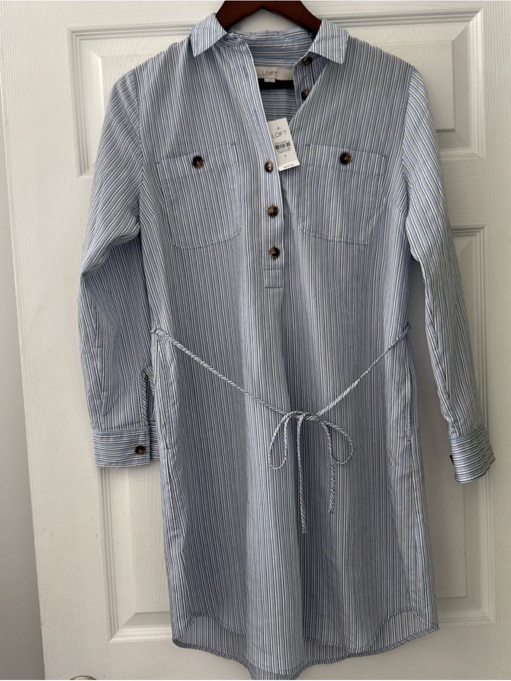 LOFT Blue Stripe Shirt Dress with Tie Waist Size Small NWT